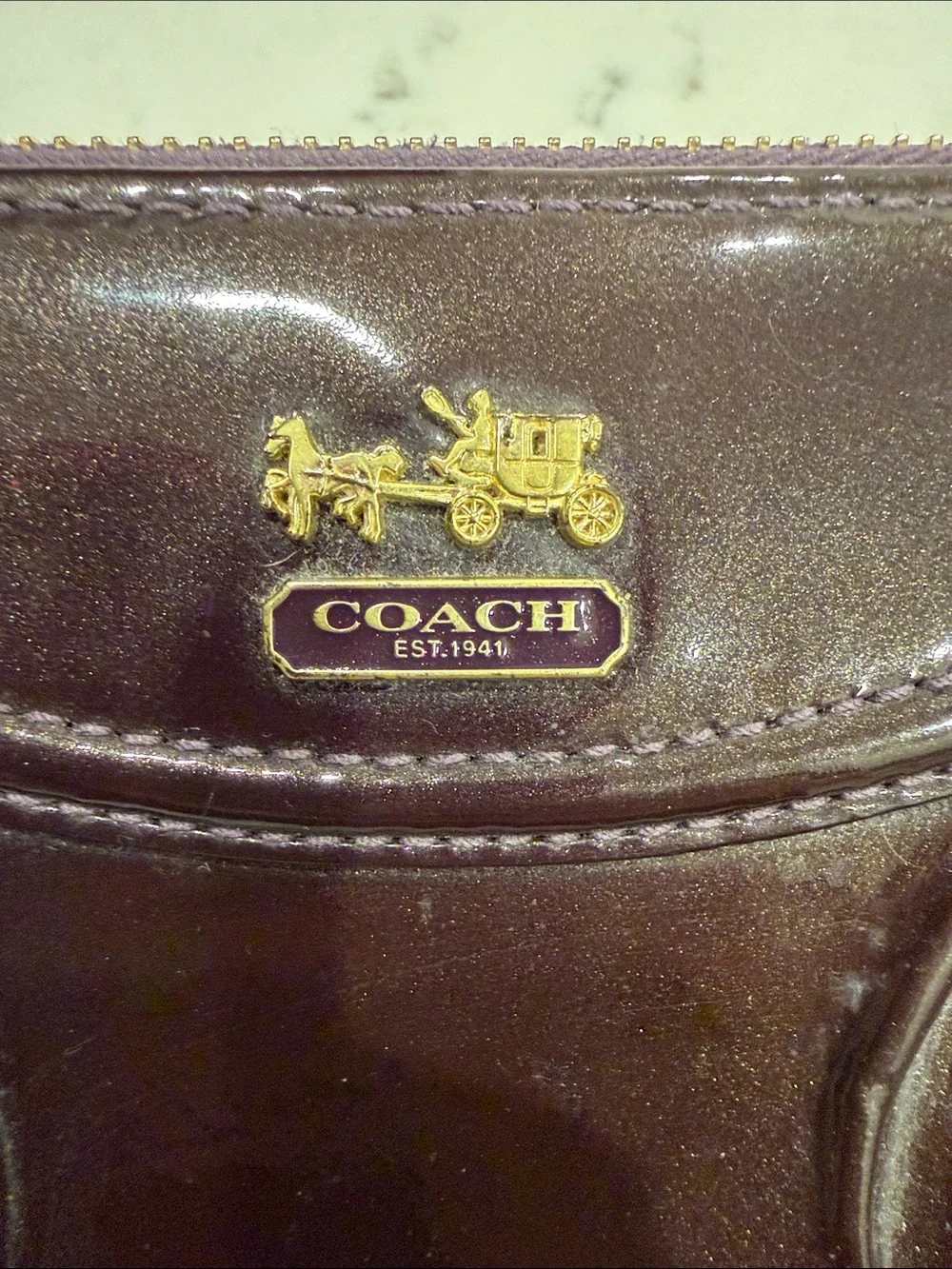 Coach Patent Leather Zip Wallet - purple with Gold shimmer